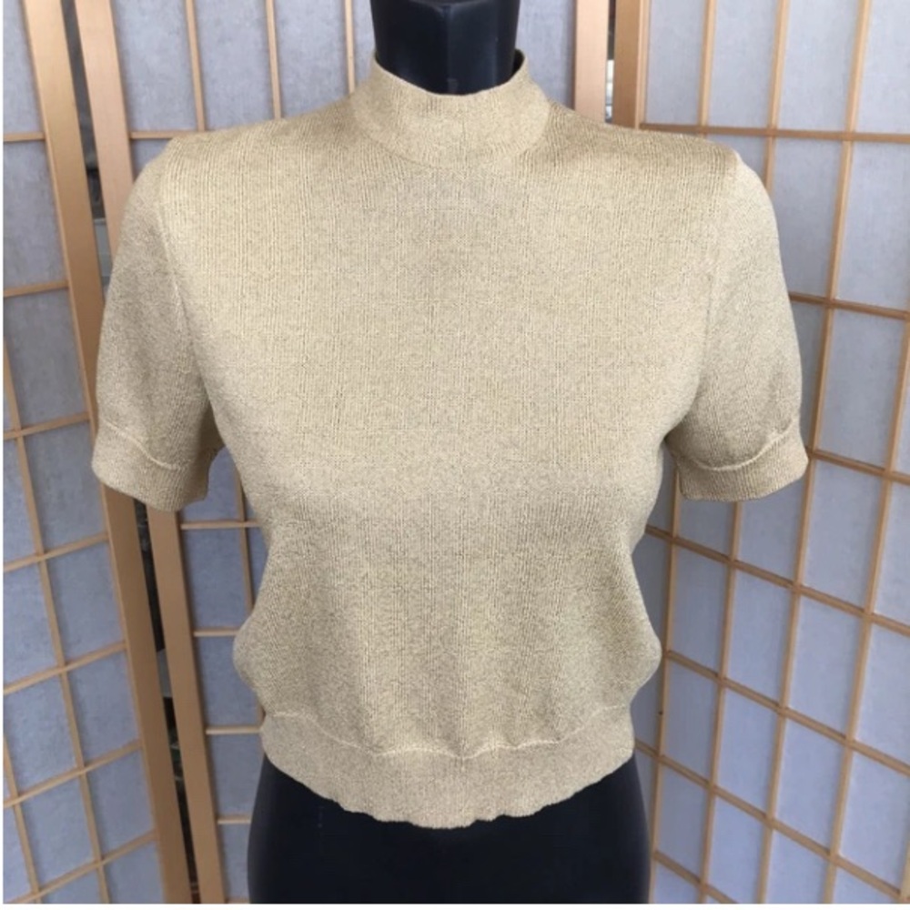St John Basics Gold Metallic Knit Short Sleeve Blouse Womens Petite